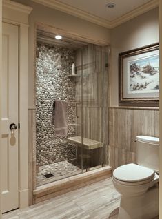 Bathroom Stone Floor Tile, Pebble Stone Shower Wall, Mosaic Tile Accent Wall Bathroom, Sand Stone Bathroom, Pebble Shower Wall, Pebble Tile Shower Ideas, Pebble Bathroom, Stone Shower Walls, Mosaic Pebble