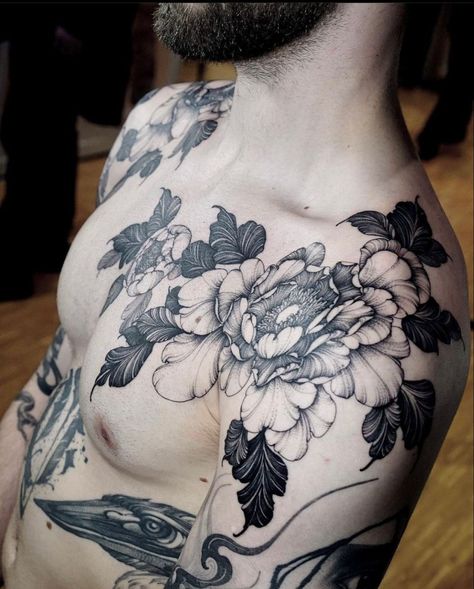 Chrysanthemum Tattoo Men, Floral Tattoos Men, Floral Chest Tattoo Men, Chrysanthemum Tattoo Shoulder, Chest And Neck Tattoo, Flower Tattoo Chest, Floral Neck Tattoo, Black Floral Tattoo, Chest Piece Tattoo