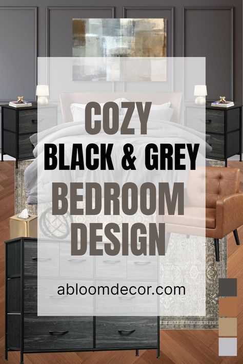 Cozy bedroom Black Bed Frame Grey Walls, Black Grey And Cream Bedroom, Dark Gray Headboard Bedroom Ideas, Grey White And Black Bedroom, Dark Gray Bed Frame Bedroom Ideas, Charcoal Headboard Bedroom, Black And Grey Bedroom Ideas Men, Grey Neutral Bedroom, Cozy Mens Bedroom