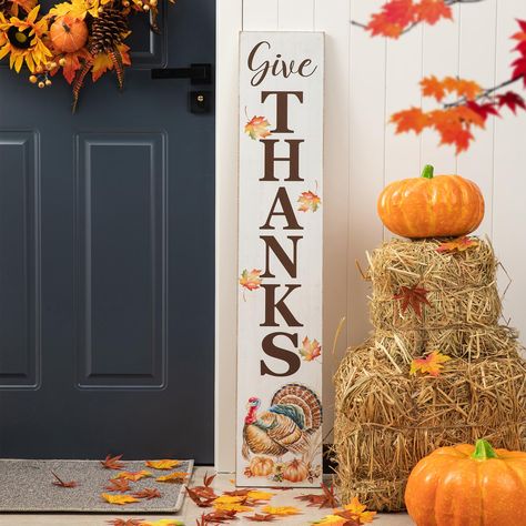 PRICES MAY VARY. QUALITY CRAFTSMANSHIP & ORIGINAL DESIGN: This rustic style Thanksgiving design sign made of hand made natural sustainable solid wood, it's carefully crafted just for you GREAT SIZE: Wooden porch sign measures 4.07”L×0.47”W×42.13”H, weighs 3.97 lbs. Perfect size for your your porch, front door, garden and yard UNIQUE DESIGN: This charming vertical proch sign features the message "Give Thanks" in brown on a white wood background with colorful Turkey. Watercolor painting of Turkey Pumpkin Porch, Hand Painted Pumpkin, Porch Pumpkins, Wooden Porch, Harvest Thanksgiving, Wooden Pumpkins, Front Door Signs, Fall Outdoor Decor, Front Porch Decorating