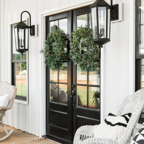 Front Porch Lighting, Exterior Light Fixtures, Front Porch Decorating, Farmhouse Exterior, Outdoor Wall Lantern, Wall Lantern, Porch Lighting, Outdoor Lanterns, Double Door