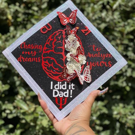 Vinyl Graduation Cap, Red Cap Ideas For Graduation, Graduation Cap With Butterflies, Graduation Cap Designs Red And Black, Highschool Grad Caps, Aba Graduation Cap, Psychology Graduation Cap Ideas, Psychology Cap Decoration, Graduation Cap Designs Psychology