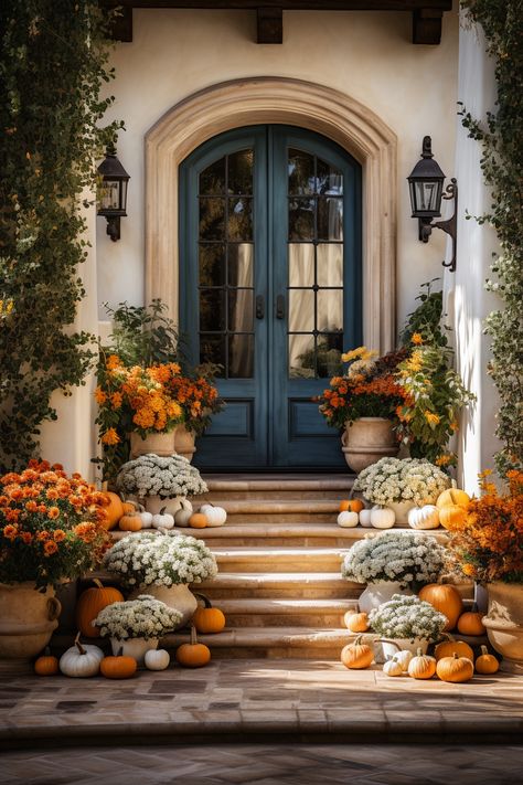 Autumn Entryway Decor: 25 Front Porch and Stair Decor Ideas for Thanksgiving Autumn Curb Appeal, Pumpkin Doorstep, Thanksgiving Porch Decorating Ideas, Autumn Porch Decor Front Entry, Front Door Thanksgiving Decor Ideas, Thanksgiving Front Porch Decor, Pumpkins Front Porch, Thanksgiving Porch Decorations, Fall Front Steps