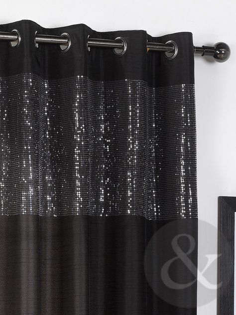 Black sequin curtain Sparkly Decor, Dark Shower Curtain, Bling Bedroom, Apartment Decorating Black, Bathroom 2022, Paneling Makeover, Goth Cottage, Curtains Uk, Black Shower Curtains