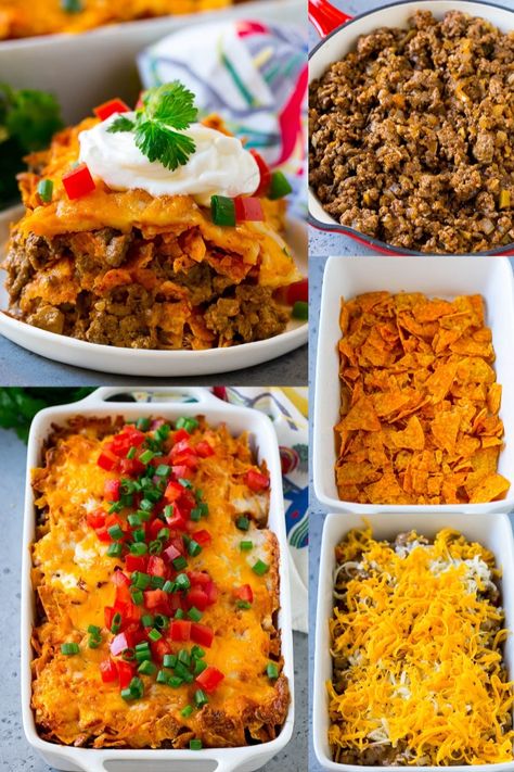 This Dorito casserole is layers of crushed Doritos tortilla chips, ground beef, salsa and cheese, all baked together to golden brown perfection. Dorito Chip, Dorito Casserole, Easy Dinner Options, Cheese All, Dinner Casserole Recipes, Cheesy Casserole, Hearty Casseroles, Ground Beef Casserole, Cheese Flavor