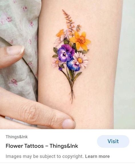 Wildflower Foot Tattoo, Pansy Tattoo, Tatoo 3d, Vintage Flower Tattoo, Flower Bouquet Tattoo, Daffodil Tattoo, Flower Wrist Tattoos, Bouquet Tattoo, Wildflower Tattoo