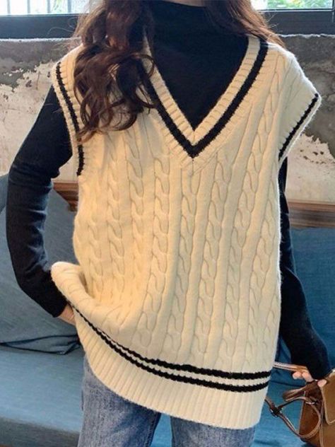 Vest Outfits Aesthetic, Sweater Vest Outfit Women, Vest Outfit Women, V Neck Cable Knit Sweater, Crochet Vest Pattern Free, Korean Sweater, Knit Vest Outfit, Vest Pattern Free, Cable Knit Sweater Vest