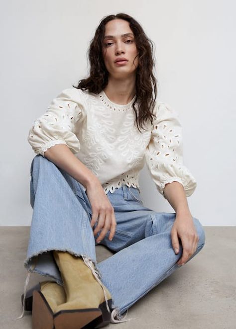 Openwork embroidered blouse - Women | Mango United Kingdom Shirts For Women 2023, Ribbon Embroidery, Shirts For Women, Just Girl Things, Women's Shirts, Embroidered Blouse, Three Quarter Sleeves, Quarter Sleeve, Three Quarter