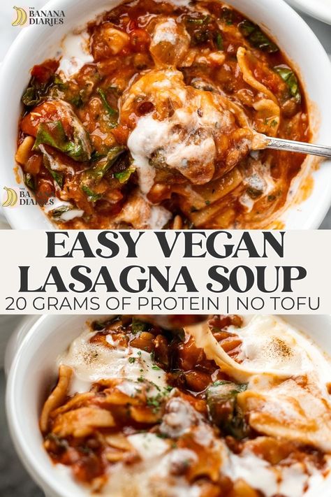 This one pot vegan lasagna soup has 20 grams of plant protein per serving and NO tofu nor soy! This easy comfort soup is rich, creamy, and surprisingly healthy! Easy to make in just 30 minutes, this comforting vegan lasagna soup is a delicious cozy soup recipe to add to your weeknight dinner rotation! Easy Crockpot Vegan Recipes, Vegetarian Lasagne Soup, Vegan Lasagna Soup Recipe, High Protein Vegetarian Crockpot Recipes, Lasagna Soup Vegan, Vegan Protein Soup, Dairy Free Lasagna Soup, Lasagna Soup Vegetarian, Vegan Crockpot Meals