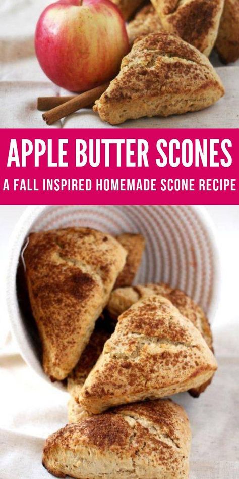 Homemade Apple Butter Scones Recipe from Scratch! Easy Apple Cinnamon Breakfast Idea for a Baked Treat or Dessert Recipe for Fall and Thanksgiving Holidays! #scones #applebutter #breakfast #brunch #easy #homemade #fall #recipe #freshscones Butter Scones Recipe, Apple Butter Uses, Butter Scones, Apple Cinnamon Breakfast, Recipe Using Apples, Baking Scones, Apple Desserts Easy, Cinnamon Breakfast, Apple Butter Recipe