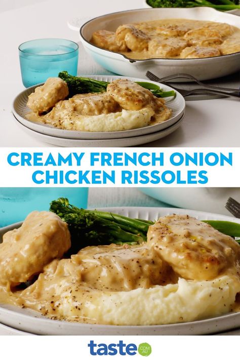 Creamy French Onion Chicken, Creamy Chicken Francaise Recipe, Onion Mix Chicken, French Onion Soup Mix Chicken, French Chicken Rissoles, Chicken Mince, Onion Soup Mix Chicken, French Onion Savoury Mince, Chicken Rissoles