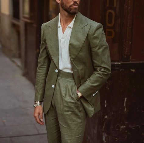 Suits Wedding, Men's Suit, Linen Blazer, Mens Trousers, Mens Suits, Army Green, Trousers, Blazer, Green