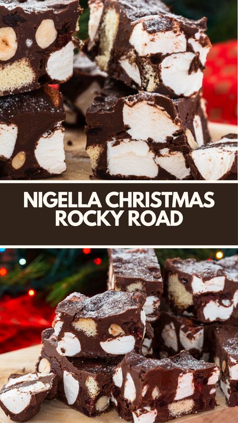 Nigella’s Christmas Rocky Road is made with dark and milk chocolate, butter, golden syrup, biscuits, nuts, cherries, marshmallows, and icing sugar, creating a festive treat that takes 2 hours and 20 minutes to prepare! Nigella Lawson Christmas Recipes, Christmas Rocky Road White Chocolate, Nigella Desserts, Rocky Road Ideas, Christmas Rocky Road Recipe, Nigella Lawson Desserts, Nigella Lawson Christmas, Best Rocky Road Recipe, Mars Bar Cake