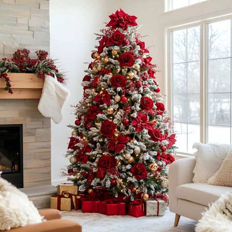 A Scandinavian Christmas tree featuring red roses, velvet ribbons, and gold accents. Ideal for refined spaces with light wood and minimalist white walls. Nordic Christmas Tree, Red Christmas Trees, Scandinavian Christmas Tree, Rose Gold Christmas Tree, Scandinavian Christmas Trees, Gold Christmas Tree Decorations, Rose Gold Christmas, Minimalist Christmas Tree, Rose Velvet