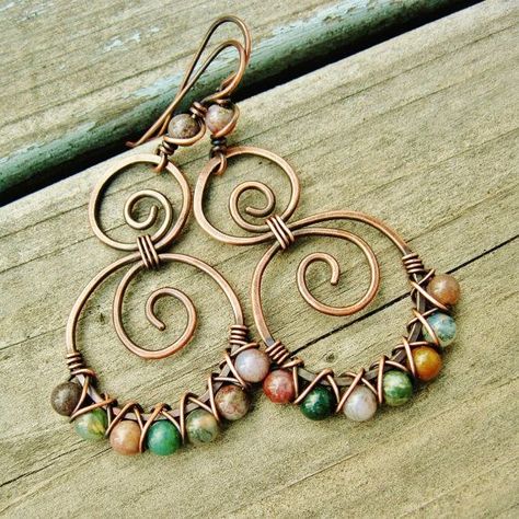 Wire Earrings Handmade, Fancy Jasper, Wire Wrapped Jewelry Diy, Rustic Earrings, Bijoux Fil Aluminium, Wire Jewelry Designs, Swirl Earrings, Wire Work Jewelry, Wire Necklace