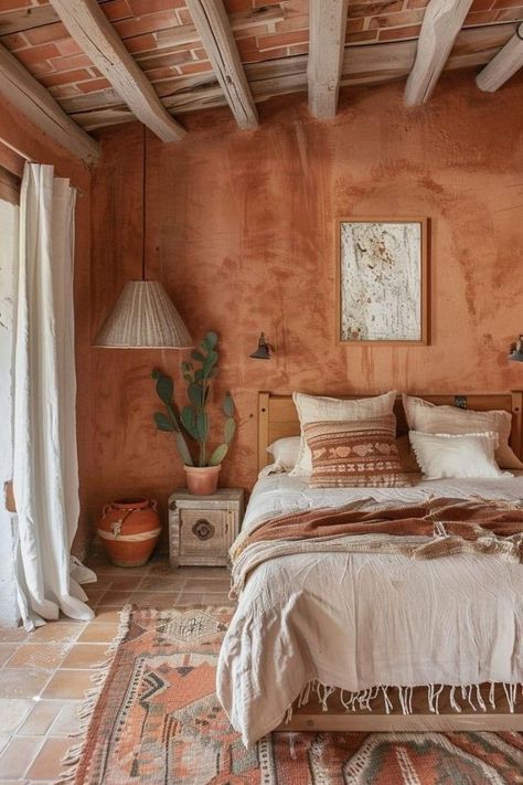 Tulum Bedroom, Terra Cotta Bedroom, Bedroom Terracotta, Bamboo Bed Frame, Soothing Bedroom, Different Interior Design Styles, Moroccan Bedroom, Earthy Bedroom, Boho Chique