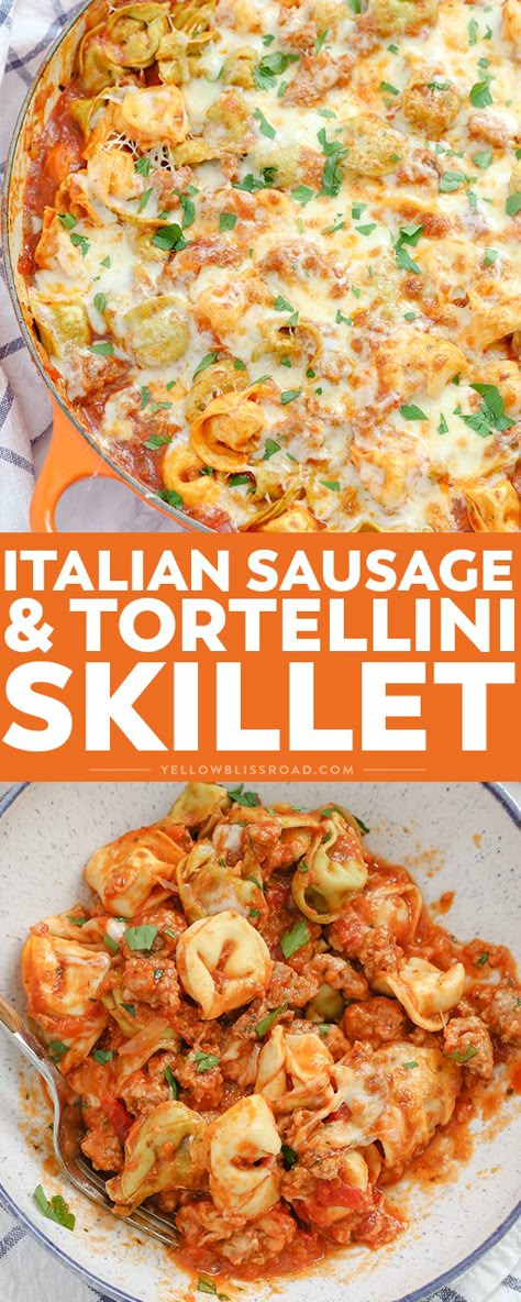 This Italian Sausage and Tortellini Skillet is a quick and delicious weeknight meal that cooks all in one pan using just six simple ingredients.  via @yellowblissroad Sausage Tortellini Skillet, Tortellini Skillet, Sausage And Tortellini, Italian Sausage Tortellini, Pasta Recipes Easy Fast, Sausage Tortellini, Italian Sausage Recipes, Tortellini Recipes, Goulash