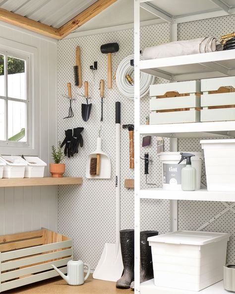 Utility Shed Organization, Shed Tool Organization, Shed Organisation Ideas, Gardening Tool Storage Garage, Garden Shed Interiors Storage, How To Organize A Shed Storage Solutions, Storage Garden Tools, Inside Shed Ideas, Small Shed Organization Ideas