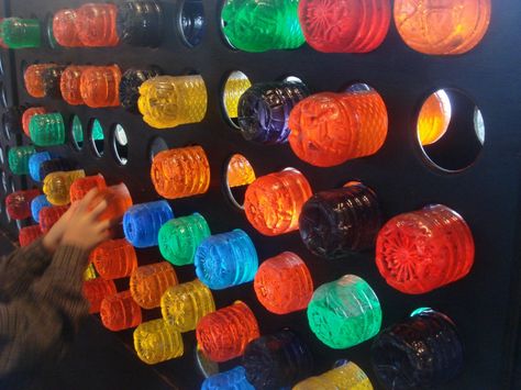 Lite-Brite made of bottles filled with coloured-water & placed in what looks like a huge wine rack (",) Maker Fun Factory Vbs 2017, Maker Fun Factory Vbs, Maker Fun Factory, Light Inspiration, Maker Faire, Lite Brite, Outdoor Classroom, Childrens Museum, Play Centre