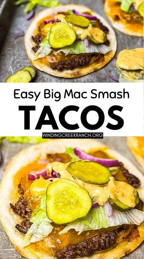 Easy Big Mac Smash Tacos bring the classic Big Mac flavors to taco form! Perfectly seasoned beef, melted cheese, and a zesty sauce in a crispy taco shell. Hamburger Smash Tacos, Low Carb Big Mac Tacos, Smashed Hamburger Tacos, Big Mac Smash Burger Taco, Big Mac Fries, Big Mac Smash Burger, Big Mac Smash Tacos, Smash Tacos, Smash Burger Tacos