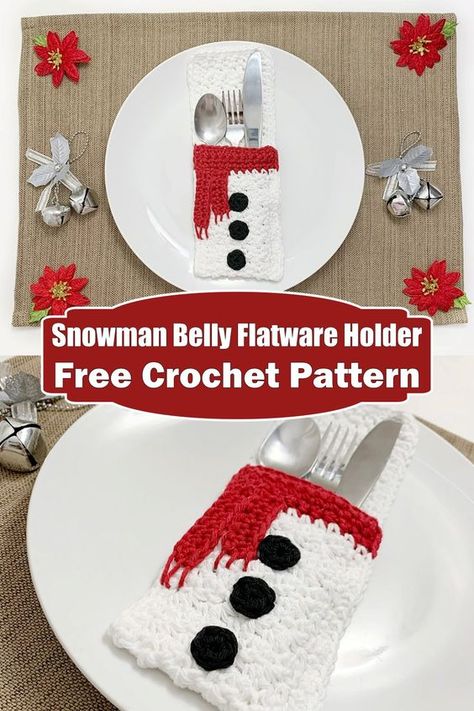 Crochet Utensil Holder, Crochet Cutlery Holder, Crotching Ideas, Kitchen Potholders, Christmas Silverware Holder, Snowman Patterns, Yarn Projects Crochet, Flatware Holder, Crochet Christmas Ornaments Free