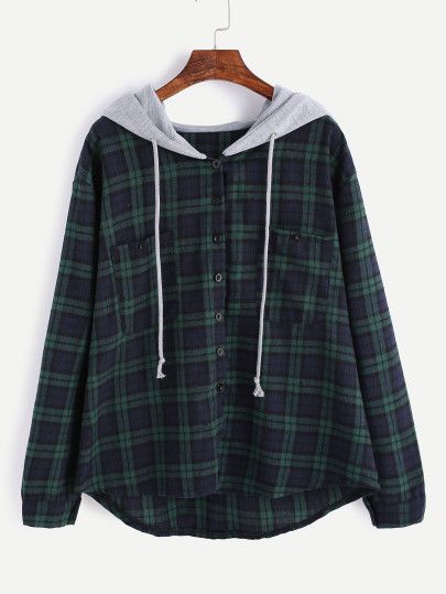 Plaid Button Pocket Sweatshirt With Contrast Hood Raglan Sleeve Sweatshirt, Plaid Hoodie, Mode Chanel, Drawstring Hoodie, Plus Size Blouses, Sleeve Sweater, Long Sleeve Pullover, Long Sleeve Hoodie, Long Sleeve Sweater