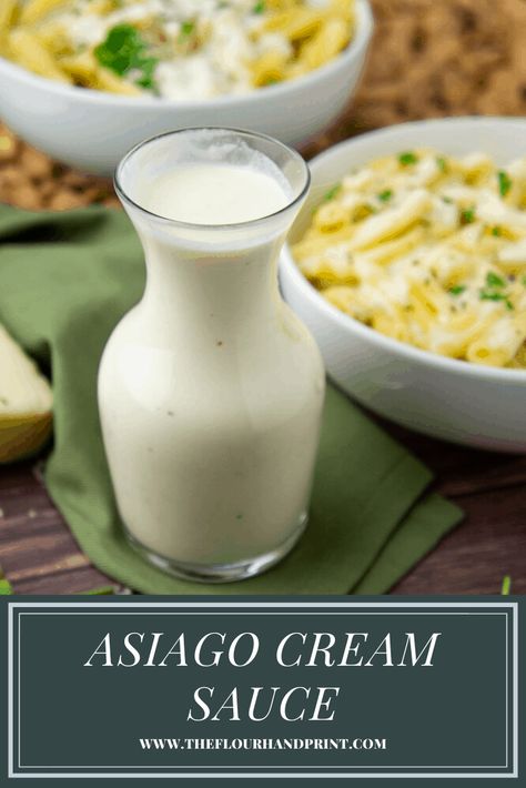 Asiago cream sauce is the perfect use for that wedge of asiago cheese in your fridge! An easy to make asiago cheese recipe, that takes on minutes to make on the stove and makes a fantastic topping for proteins and veggies alike, and of course, for pasta! #asiagocreamsauce #asiagocheese #creamypasta #alfredosauce #cheesesauceforpasta #pastasauce #theflourhandprint Asiago Pasta Sauce, Asiago Cream Sauce Recipe, Asiago Cream Sauce, Asiago Pasta, Cream Sauce For Pasta, Asiago Cheese Recipes, Alfredo Sauce Recipe Easy, Sauce For Pasta, Cream Sauce Pasta