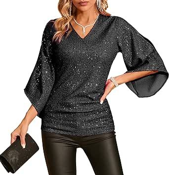 Sequin Tops for Women 3/4 Sleeve Blouse for Women Dressy Sparkly Tops V Neck Outfits for Party Glitter Tops V-neck Glitter Top For Party, Shimmer V-neck Tops For Party Season, V-neck Sequin Blouse For Night Out, Fitted V-neck Sequin Blouse, Tops For Party, Plus Size Night Out Outfit Clubwear, Outfits For Party, Casual Sequined V-neck Top, Sparkly Tops