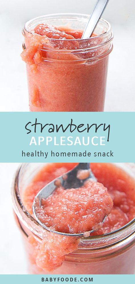 This bold Strawberry Applesauce is made with a ton of strawberries (2 heaping cups), apples, a drizzle of vanilla extract and a pinch of cinnamon. It's amazing served for breakfast, with lunch or as an afternoon snack. Full of flavor and nutrition, this Strawberry Applesauce will be your your new go-to summer recipe for baby, toddler, big kids, and even mom and dad. #healthysnacks #schoollunch #applesauce #babyledweaning Purees For Babies, Strawberry Applesauce, Store Bought Snacks, Recipe For Baby, Greek Yogurt Toppings, Healthy Homemade Snacks, Apple Sauce Recipes, Homemade Applesauce, Baby Puree