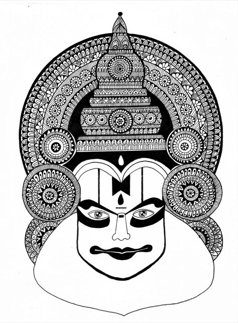 Kathakali dancer face drawing using Mandala art | Onam Festival drawing | Happy Onam Mandala art Theyyam Mandala Art, Kathakali Mandala Art, Kathakali Face Drawing Outline, Onam Festival Drawing, God Mandala Art, God Outline, Onam Drawing, Micropen Art, Theyyam Art