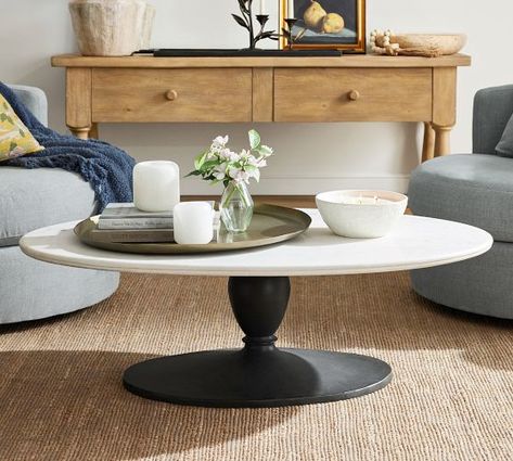 Occasional Tables & Case Goods | Pottery Barn Oval Marble Coffee Table, Coffee Table Pottery Barn, Marble Round Coffee Table, Oval Coffee Table, Round Wood Coffee Table, Reclaimed Wood Coffee Table, Sophisticated Decor, Oval Coffee Tables, Large Coffee Tables