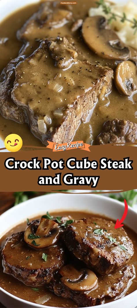 Cubed Steak With Gravy, Crock Pot Cubed Steak, Steak Crockpot, Cube Steak Crock Pot Recipes, Steak With Gravy, Steak And Gravy, Cube Steak And Gravy, Crockpot Cube Steak, Crockpot Steak