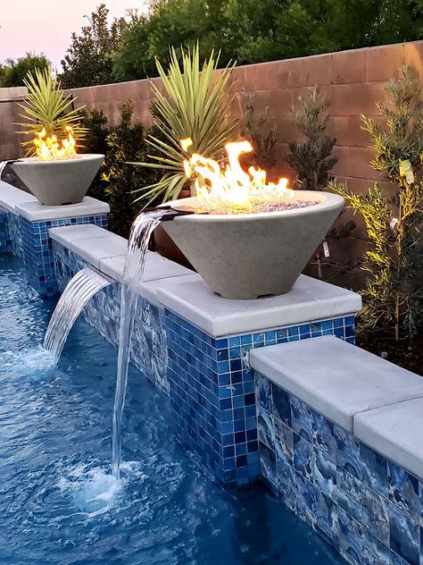 Pool Water Features, Fire And Water, Pool Waterfall, Fire Water, Inspire Me Home Decor, Fire Features, Gas Fire, Backyard Pool Designs, Swimming Pools Backyard