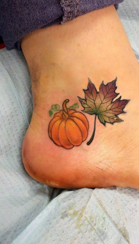 Pumpkin And Fall Leaves Tattoo, Fall Leave Tattoos, Thanksgiving Tattoo Ideas, Fall Halloween Tattoos, Pumpkin Tattoos For Women, Autumn Tattoos For Women, Fall Tree Tattoo, Fall Tattoos For Women, Fall Flower Tattoo