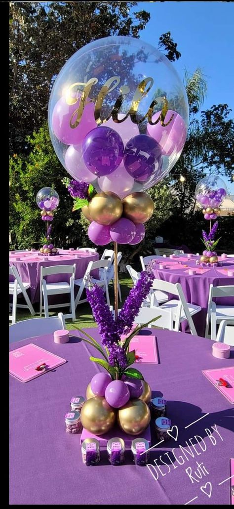 Purple And Gold Balloon Centerpieces, Large Balloon Centerpiece Table Decorations, Purple And Gold Balloons Entry, Balloon Bouquet Table Centerpiece, Purple & Gold Flower Centerpieces, 36 Inch Balloons, Balloon Table Centerpieces, Staff Party, Purple Table