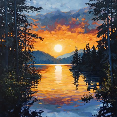 Capture the breathtaking beauty of nature with this stunning sunset painting, nestled between majestic mountain peaks. As the sun dips below the horizon, warm hues of orange, pink, and purple fill the sky, casting a golden glow over the tranquil landscape. The silhouette of the mountains adds depth and contrast, creating a serene and peaceful scene that brings the calm of the great outdoors into your home. Perfect for nature lovers and those who appreciate the tranquility of the wilderness, this Landscape Painting On Wall, Fall Sunset Painting, Sun Set Landscape, Sunrise Mountain Painting, Camping Paintings, Calm Paintings, Sunset Mountain Painting, How To Paint Sunset, Wilderness Painting