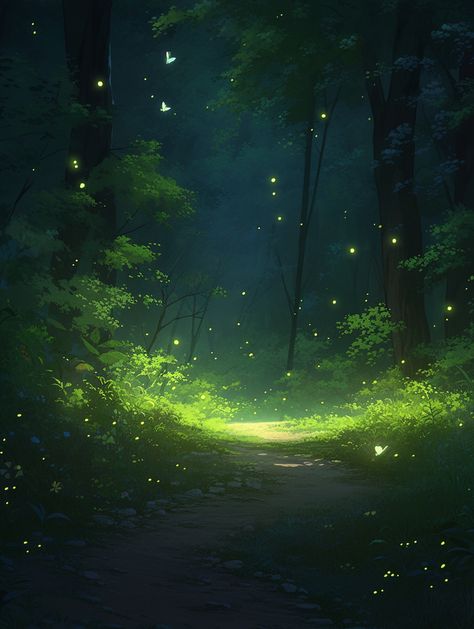 Fantasy Forest Aesthetic Art, Magical Background Landscape, Forest Scene Painting, Forest At Night Art, Enchanted Forest Concept Art, Digital Forest Art, Forest Magic Aesthetic, Night Forest Photography, Fantasy Forest Illustration