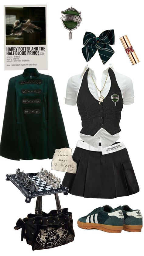 First time I'm joining a competition🙏 #harrypotter #harrypotterandthehalfbloodprince #school #slytherin #comp #fyp #shufflefyp #ysl #y2k #green #juicycouture Dark Wizard Outfit, Slytherin Uniform Female Aesthetic, Green And Black Outfits For Women, Preppy Green Outfit, Slytherin Outfit Girl, Hogwarts Uniform Slytherin, Slytherin Outfit Casual, Slytherin Aesthetic Clothes, Wicked Inspired Outfits