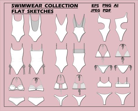 Swimsuit Sketch, Fashion Flat Sketch, Fashion Design Template, Swimwear Pattern, Flat Sketches, Fashion Design Patterns, Swimsuit Pattern, Swimsuit Design, Swimsuit Set