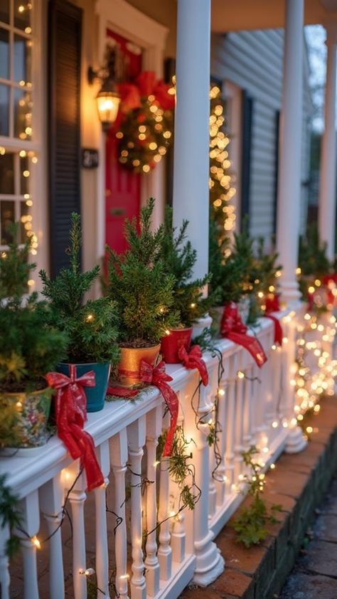 25 Front Porch Railing Christmas Decorating Ideas | Sarah Scoop Front Porch Railing Ideas, Porch Railing Ideas, Outdoor Christmas Decorations Lights, Front Porch Railings, Decorations Lights, Snowflake Cutouts, Porch Decorations, Railing Ideas, Christmas Decorating Ideas