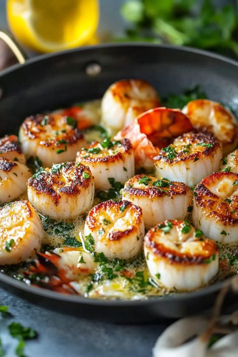 Garlic Butter Lobster and Scallops Gordon Ramsay Scallop Recipes, Easter Seafood Dinner Ideas, Garlic Butter Lobster And Scallops, Lobster And Scallops Recipes, Recipes With Oysters, Cooked Lobster Recipes, Steak And Scallops Recipes, Scallops And Shrimp Recipe, Scallop Plating