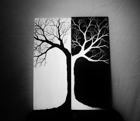 Black And White Tree Painting, Black And White Painting Simple Canvas, Black And White Tree Drawing, Daylight Painting, White Tree Painting, Tree Painting Canvas, Drawing Scenery, Painting Flowers Tutorial, Pencil Drawings For Beginners