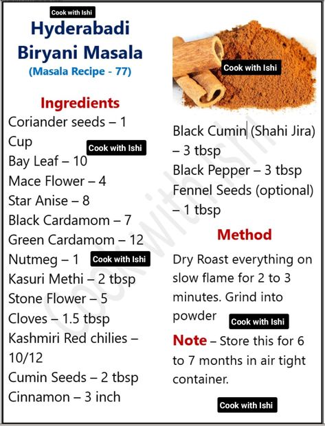 Biryani Masala, Podi Recipe, Masala Powder Recipe, Spice Blends Recipes, Homemade Sauce Recipes, Spice Mix Recipes, Tastemade Recipes, Indian Cooking Recipes, Vegetarian Snacks Recipes