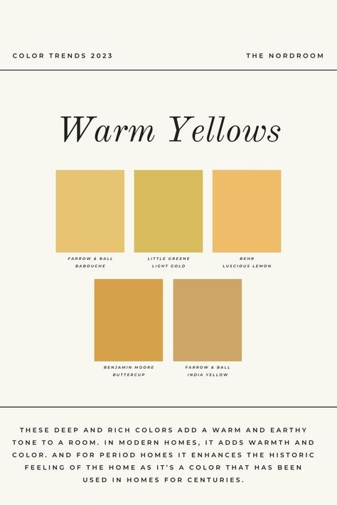 Warm yellow interiors are one of the home color trends for 2023. Go to The Nordroom to see a full list of color of the year picks by the leading paint brands & more color trends for 2023 Honey Colored Walls, Yellow Interior Paint Colors, Boho Yellow Paint Color, Yellow Walls With Wood Trim, Yellow Trim Interior, Golden Yellow Paint Colors, Yellow Interior Paint, Warm Yellow Color Palette, Popular Colors For 2023