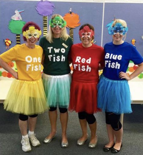 27+ awesome teacher group costume ideas - Laughing Kids Learn Dr Seuss Characters Costumes, Dr Seuss Fish Costume, Dr Suess Halloween Costumes, Dr Seuss Character Costumes Diy Teacher, Dr Seuss One Fish Two Fish Costume, Dr Seuss Group Costumes, Doctor Seuss Costumes, Doctor Suess Dress Up Ideas, Nursery Rythmes Costumes