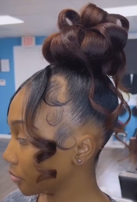 90s Pin Curl Bun, Bun With Curls Hanging Down Natural Hair, Bun With Curls Hanging Down, Top Bun Hairstyles For Black Women, Bun Hairdo, Ninja Bun, Updo Ponytail, Bun With Curls, High Bun Hairstyles