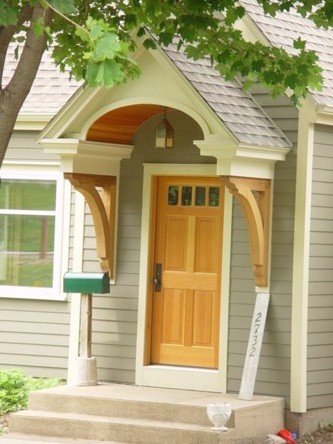 Front Door Overhang, Front Door Awning, Door Overhang, Traditional Porch, Green Shutters, Farmhouse Exterior Design, Front Door Entryway, Farmhouse Front Door, Building A Porch