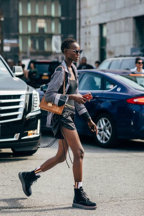 NYFW Day 7 Track Shorts Outfit Street Styles, Shorts Outfit Street Styles, Track Shorts Outfit, Shorts Street Style, 2020 Street Style, Street Style Aesthetic, Adidas Short, New York Fashion Week Street Style, Model Street Style