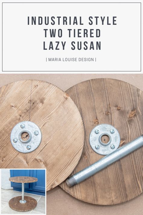 An easy tutorial to guide you through making a two tiered industrial style lazy susan. Create this unique piece to maximize your storage options. | Maria Louise Design  www.marialouisedesign.com  #blog #DIY #create #decor #organize How To Build A Lazy Susan, Tiered Lazy Susan, Timber Island, Diy Lazy Susan, Revolving Bookcase, Bookcase Diy, Healthy Dog Treats Homemade, Tiered Stand, Create Decor