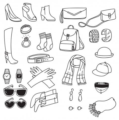 Set of fashion accessories doodle isolated on white background Premium Vector Fashion Doodles Clothes, Accessories For Drawing, Fashion Doodles Illustration, Fashion Doodle Art, Fashion Accessories Drawing, Accessories Drawing Reference, Accessories Drawings, Outfit Doodles, Clothing Doodles